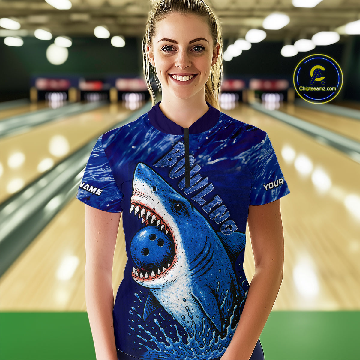 Custom Blue Shark Bowling Polo, Quarter Zip Shirts For Women, Shark Bowling League Shirts NQS10420