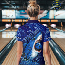 Load image into Gallery viewer, Custom Blue Shark Bowling Polo, Quarter Zip Shirts For Women, Shark Bowling League Shirts NQS10420