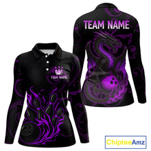 Load image into Gallery viewer, Black And Purple Flame Custom Dragon Bowling Team Shirts For Women, Bowling Uniform Outfit NQS9963