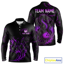 Load image into Gallery viewer, Black And Purple Flame Custom Dragon Bowling Team Shirts For Men, Bowling Uniform Outfit NQS9963