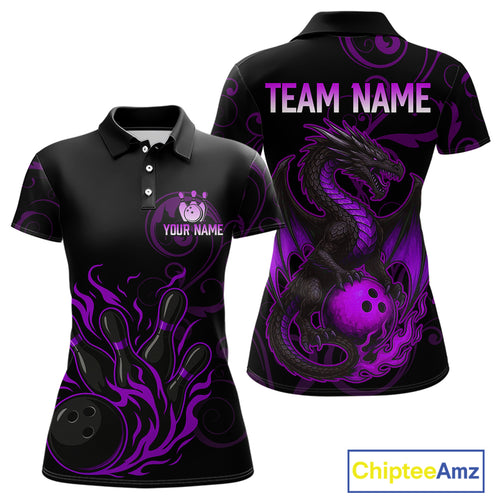 Black And Purple Flame Custom Dragon Bowling Team Shirts For Women, Bowling Uniform Outfit NQS9963