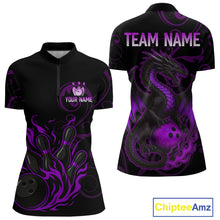 Load image into Gallery viewer, Black And Purple Flame Custom Dragon Bowling Team Shirts For Women, Bowling Uniform Outfit NQS9963