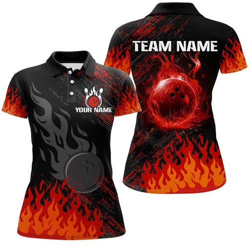 Personalized black and red Flame bowling Polo, Quarter Zip shirts for Women, custom bowling jerseys NQS8293