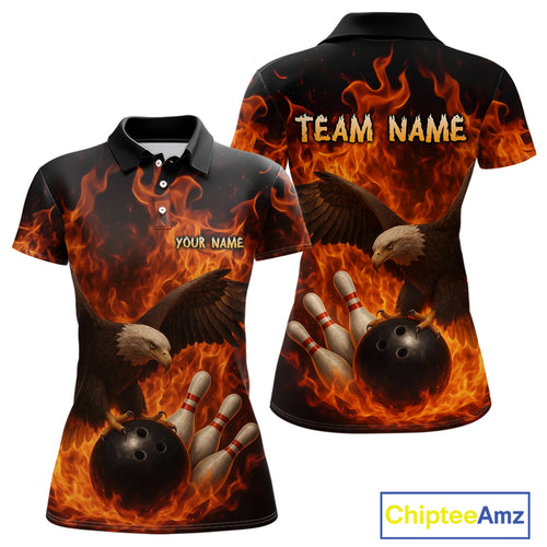 Flame Eagle Bowling Polo, Quarter Zip Shirts For Women Custom Eagle Bowling Team Jerseys NQS9972