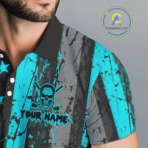 Custom Turquoise Grunge American Flag Patriotic Skull Golf Shirt For Men, Retro Mens Golf top NQS10481