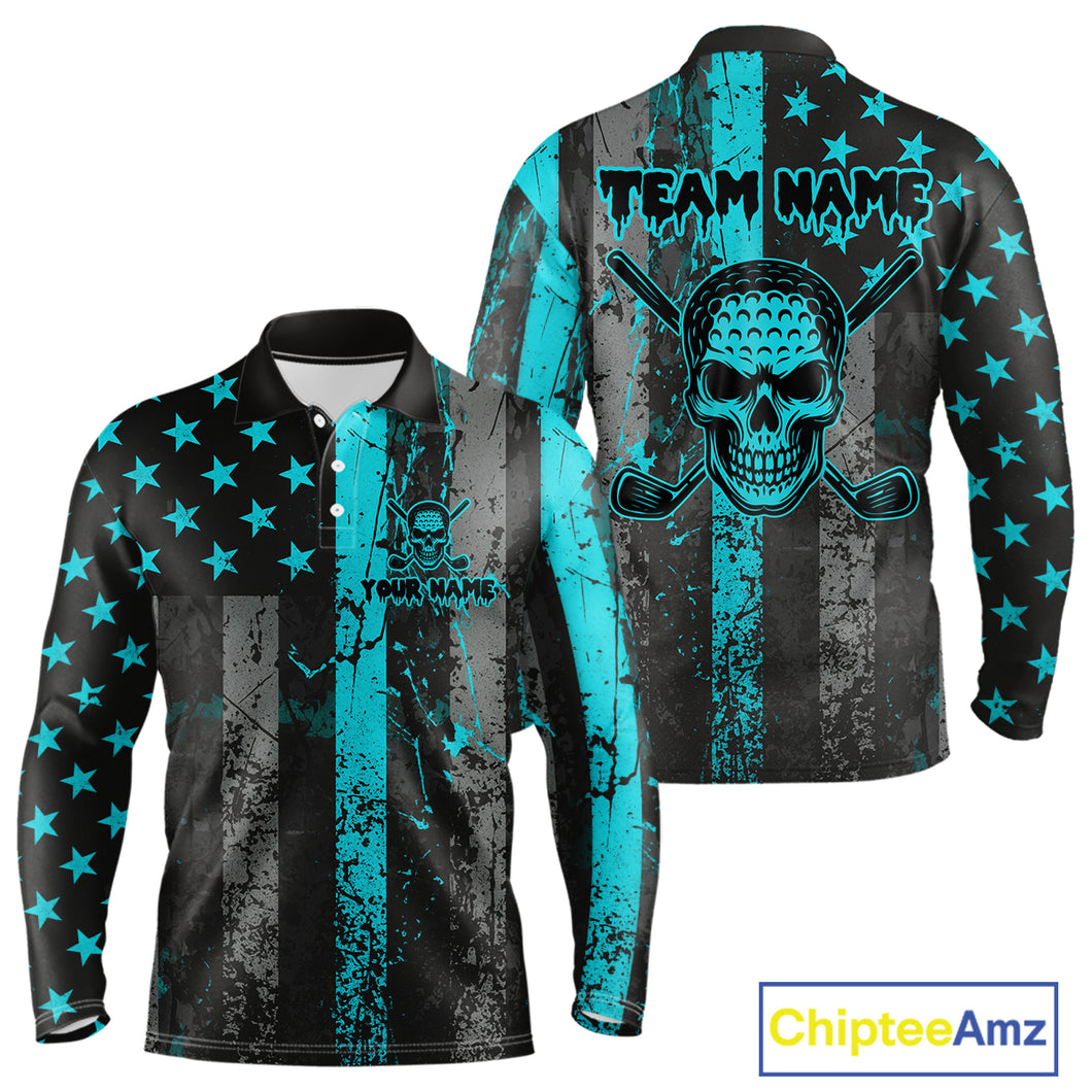 Custom Turquoise Grunge American Flag Patriotic Skull Golf Shirt For Men, Retro Mens Golf top NQS10481