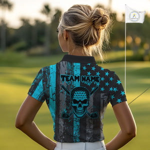 Custom Turquoise Grunge American Flag Patriotic Skull Golf Shirt For Women, Retro Ladies Golf top NQS10481