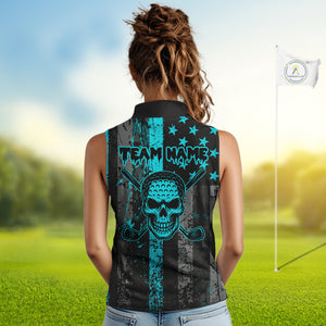 Custom Turquoise Grunge American Flag Patriotic Skull Sleeveless Golf Polo Shirt, Retro Golf top NQS10481