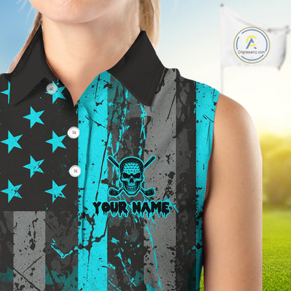 Custom Turquoise Grunge American Flag Patriotic Skull Sleeveless Golf Polo Shirt, Retro Golf top NQS10481