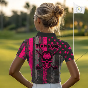 Custom Pink Grunge American Flag Patriotic Skull Golf Shirt For Women, Retro Ladies Golf top NQS10482