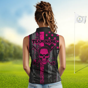 Custom Pink Grunge American Flag Patriotic Skull Sleeveless Golf Polo Shirt, Retro Golf top NQS10482
