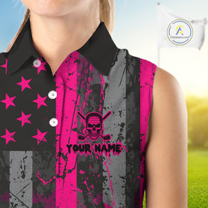 Custom Pink Grunge American Flag Patriotic Skull Sleeveless Golf Polo Shirt, Retro Golf top NQS10482