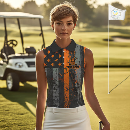 Custom Orange Grunge American Flag Patriotic Skull Halloween Sleeveless Polo Shirt, Retro Golf top NQS10483