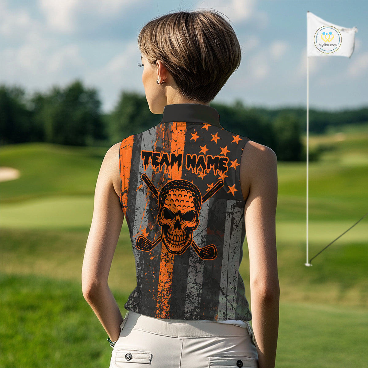 Custom Orange Grunge American Flag Patriotic Skull Halloween Sleeveless Polo Shirt, Retro Golf top NQS10483