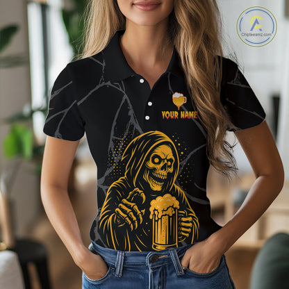 Golf and beer Women golf polo shirt Custom black and gold skull ladies golf attire Halloween outfit NQS10519