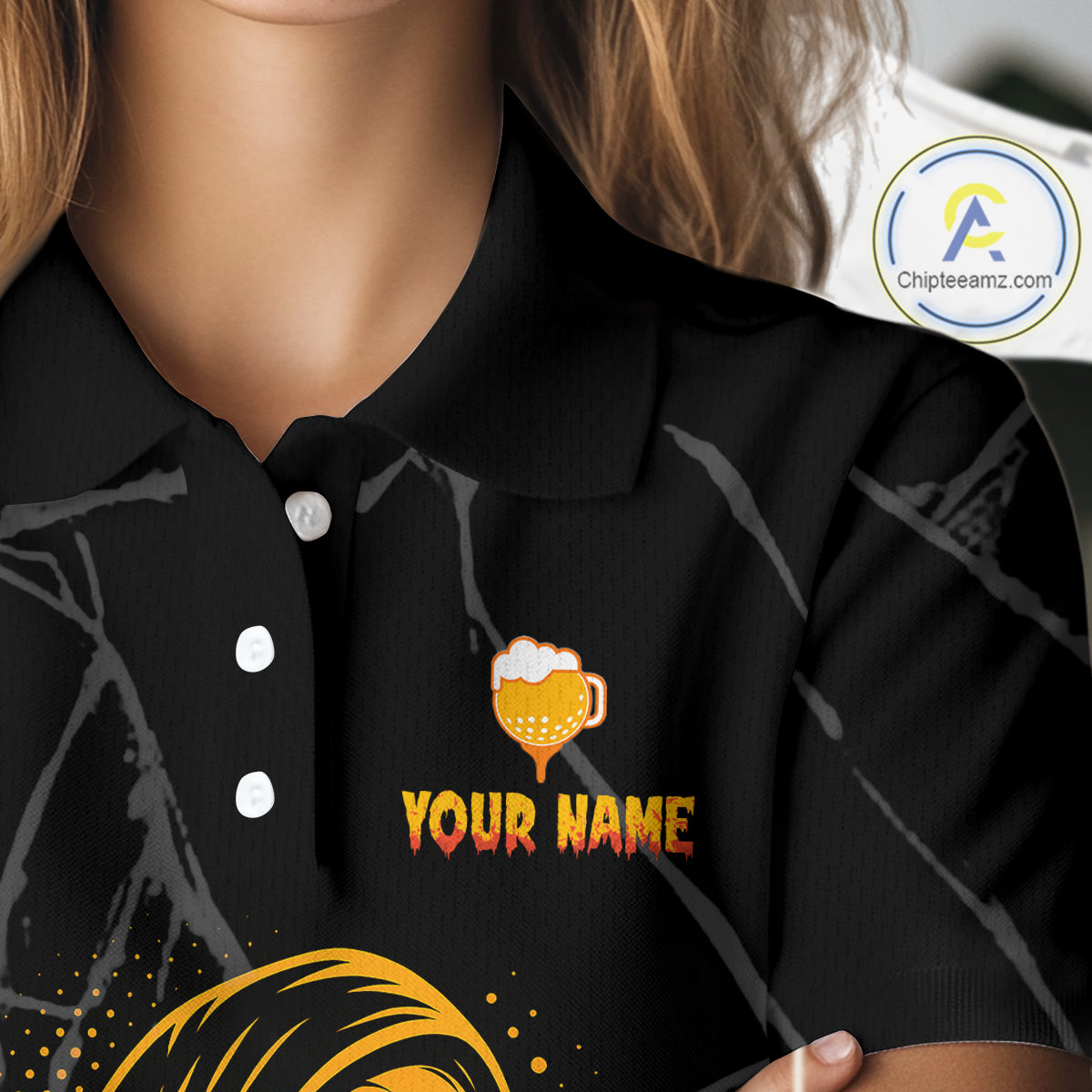 Golf and beer Women golf polo shirt Custom black and gold skull ladies golf attire Halloween outfit NQS10519