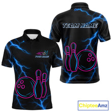 Load image into Gallery viewer, Blue lightning thunder pink neon Bowling Polo, Quarter Zip Shirts For Men Custom Bowling Team Jersey NQS10181