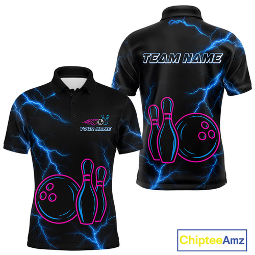 Blue lightning thunder pink neon Bowling Polo, Quarter Zip Shirts For Men Custom Bowling Team Jersey NQS10181
