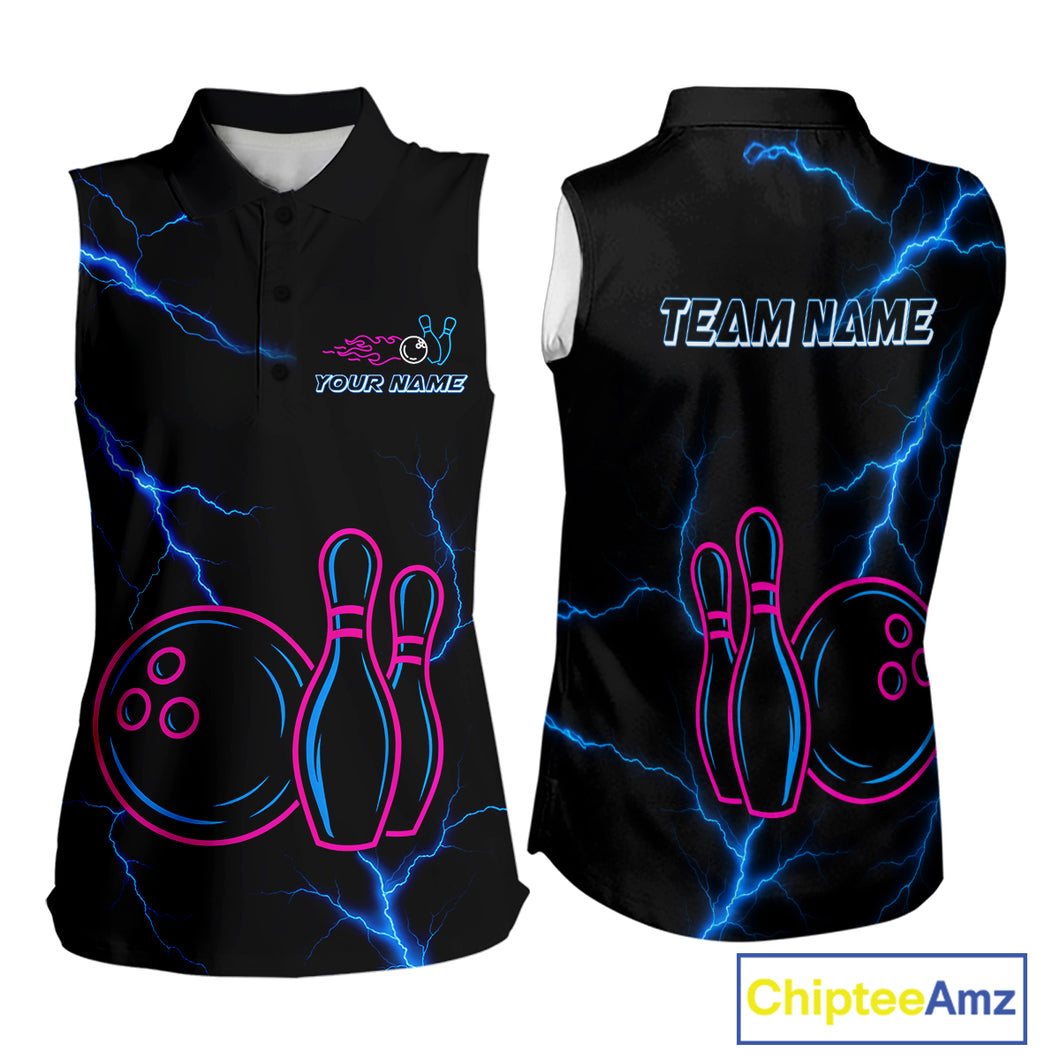 Blue lightning thunder pink neon Bowling sleeveless Polo shirt Custom Bowling Team Jerseys NQS10181