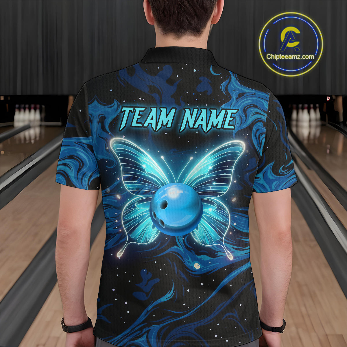 Blue Butterflies Bowling Polo, Quarter-Zip Shirts For Men Custom Team Bowling League Jersey NQS10578