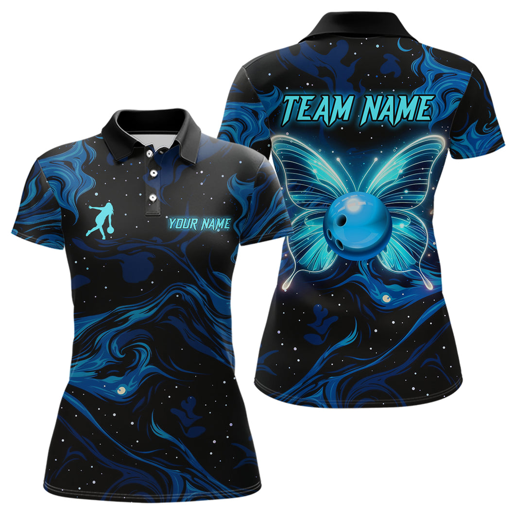 Blue Butterflies Bowling Polo, Quarter-Zip Shirts For Women Custom Team Bowling League Jersey NQS10578