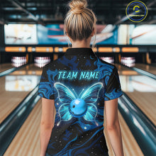Load image into Gallery viewer, Blue Butterflies Bowling Polo, Quarter-Zip Shirts For Women Custom Team Bowling League Jersey NQS10578