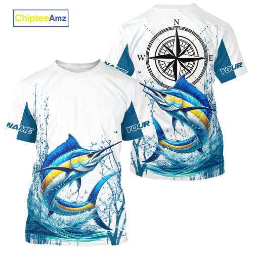 Blue and White Marlin fishing compass Custom name sun protection Marlin fishing tournament shirts NQS10581