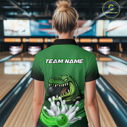 Funny Green Alligator Bowling Polo, Quarter Zip shirts for Women Custom Team bowling league jersey NQS10588