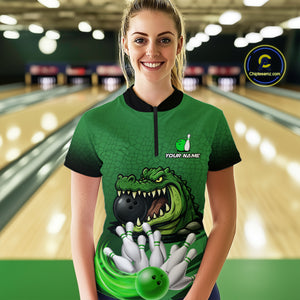 Funny Green Alligator Bowling Polo, Quarter Zip shirts for Women Custom Team bowling league jersey NQS10588