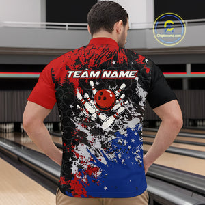 Red, White and Blue Camo Bowling Polo, Quarter Zip shirts for Men Custom Patriotic Gift For Bowlers NQS10589