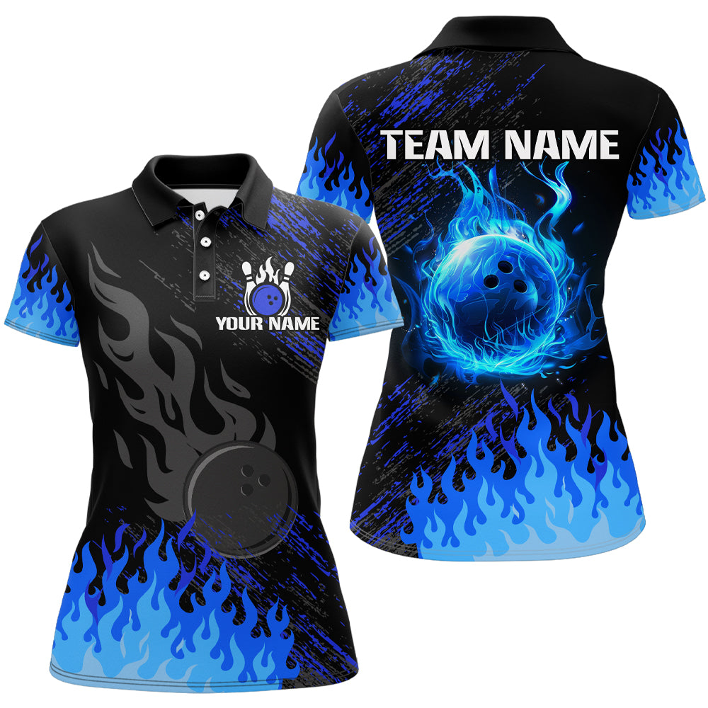 Personalized black and blue Flame bowling Polo, Quarter Zip shirts for Women, custom bowling jerseys NQS7735