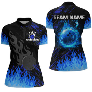 Personalized black and blue Flame bowling Polo, Quarter Zip shirts for Women, custom bowling jerseys NQS7735