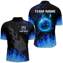 Load image into Gallery viewer, Personalized black and blue Flame bowling Polo, Quarter Zip shirts for Men, custom bowling jerseys NQS7735