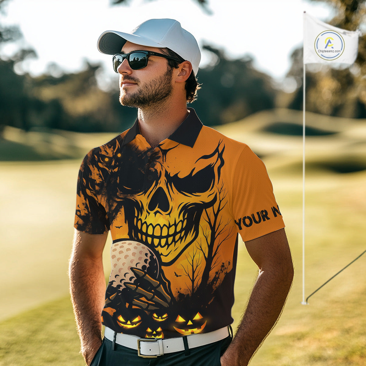 Custom Skull Golf Polo Shirts For Men Halloween Golf Outfits, personalized golf gifts NQS10619