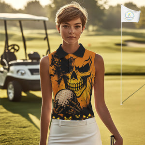 Skull Women's Sleeveless Polo Shirt Halloween Golf Outfits, Halloween golf gifts NQS10619