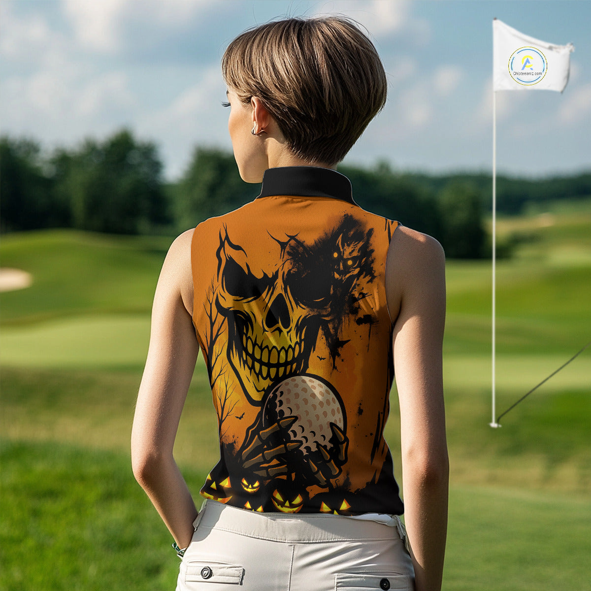 Skull Women's Sleeveless Polo Shirt Halloween Golf Outfits, Halloween golf gifts NQS10619