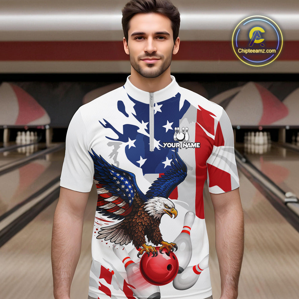 Red, White and Blue American Flag Eagle Bowling Shirts For Men Custom Patriotic Bowling Team Jerseys NQS10639