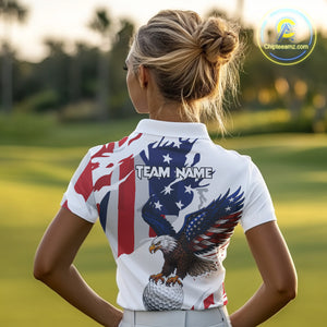 Red, White and Blue American Flag Eagle Women Golf Polo Shirt Custom Patriotic Golf attire For Ladies NQS10640