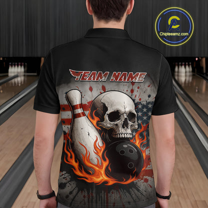 Personalized American Flag Flame Skull Bowling Shirts For Men Custom Patriotic Bowling Team Jersey NQS10462