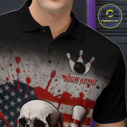 Personalized American Flag Flame Skull Bowling Shirts For Men Custom Patriotic Bowling Team Jersey NQS10462