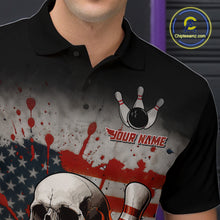 Load image into Gallery viewer, Personalized American Flag Flame Skull Bowling Shirts For Men Custom Patriotic Bowling Team Jersey NQS10462