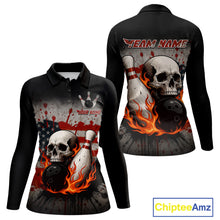 Load image into Gallery viewer, Personalized American Flag Flame Skull Bowling Shirts For Women Custom Patriotic Bowling Team Jersey NQS10462