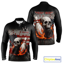 Load image into Gallery viewer, Personalized American Flag Flame Skull Bowling Shirts For Men Custom Patriotic Bowling Team Jersey NQS10462