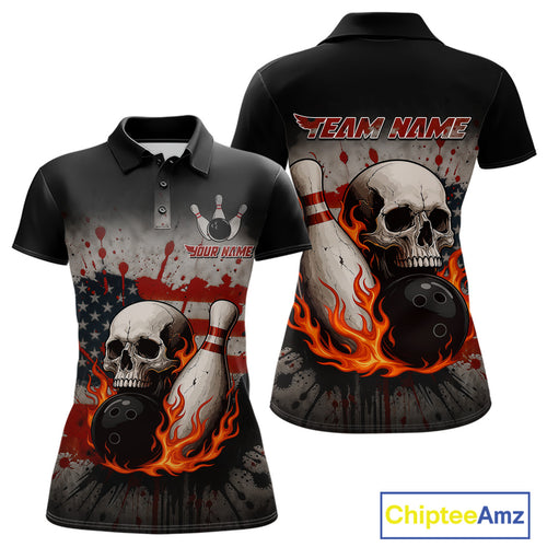 Personalized American Flag Flame Skull Bowling Shirts For Women Custom Patriotic Bowling Team Jersey NQS10462