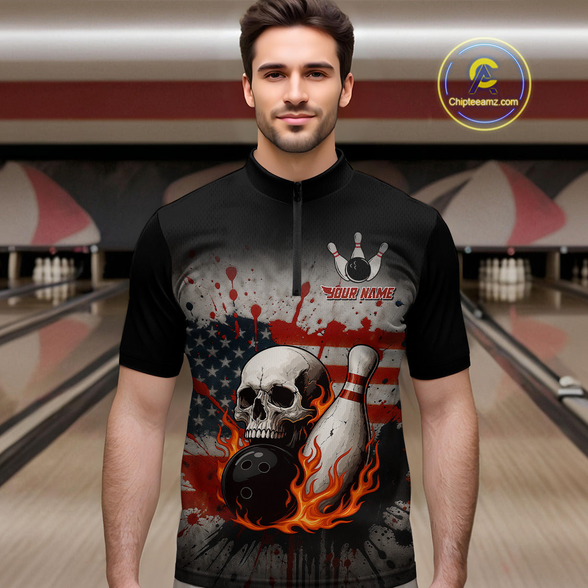 Personalized American Flag Flame Skull Bowling Shirts For Men Custom Patriotic Bowling Team Jersey NQS10462