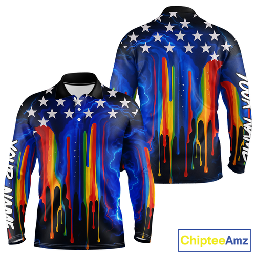 Blue lightning thunder rainbow American Flag Men golf polo shirts Custom patriotic mens golf outfit NQS10154