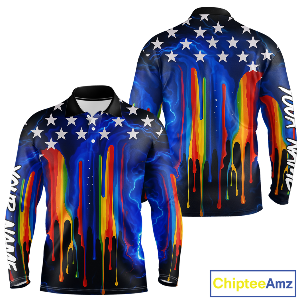 Blue lightning thunder rainbow American Flag Men golf polo shirts Custom patriotic mens golf outfit NQS10154