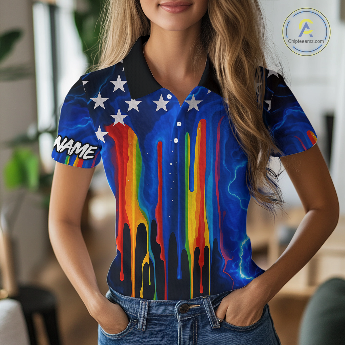 Blue lightning thunder rainbow American Flag Women golf polos Custom patriotic ladies golf outfit NQS10154