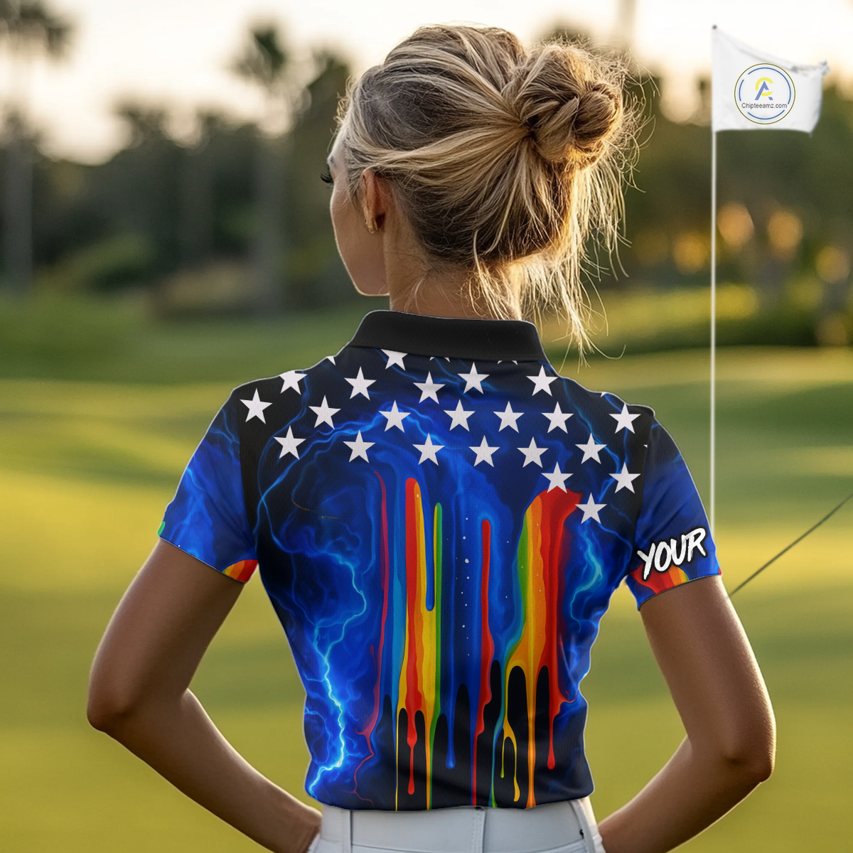 Blue lightning thunder rainbow American Flag Women golf polos Custom patriotic ladies golf outfit NQS10154