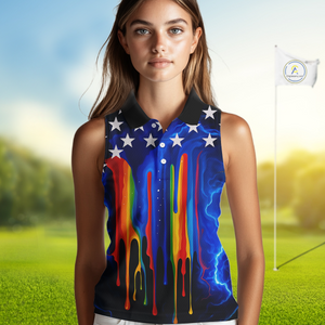 Blue lightning thunder rainbow American Flag Women sleeveless polo shirt, patriotic golf outfit NQS10154